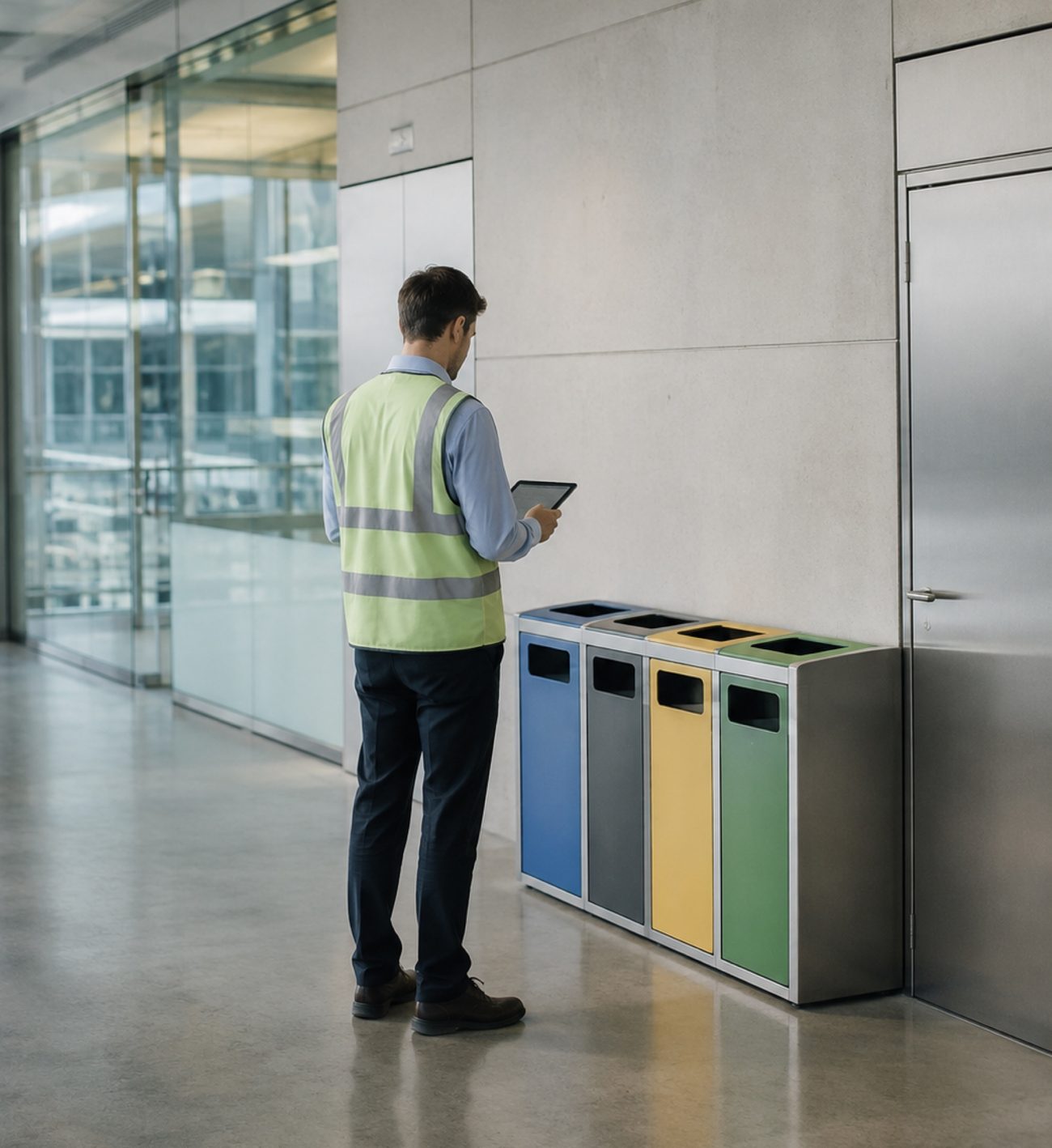 Auditor in a high-visibility vest reviewing segregated waste bins with a tablet during a site audit