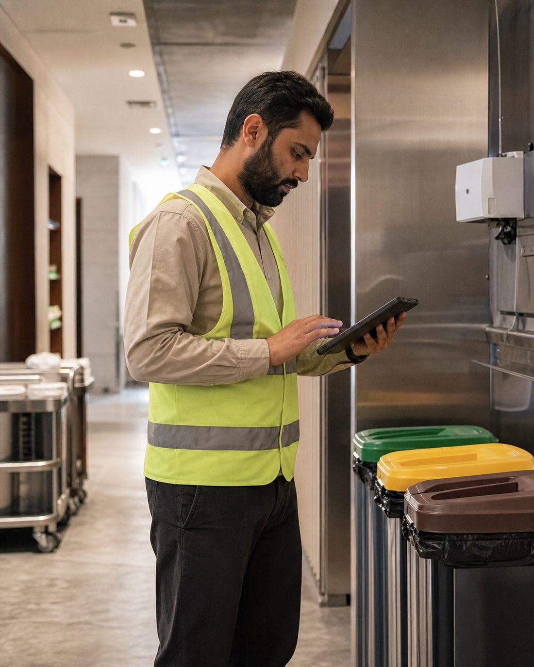 Auditor in a high-visibility vest recording bin data on a tablet in a back-of-house service corridor.
