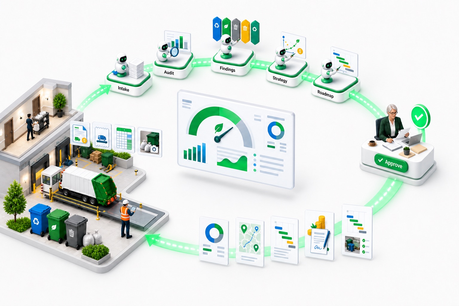 Isometric illustration of the GreenAnalytix loop: site evidence flows to five AI agents — Intake, Audit, Findings, Strategy, Roadmap — a consultant approves, and reports and a dashboard are produced.